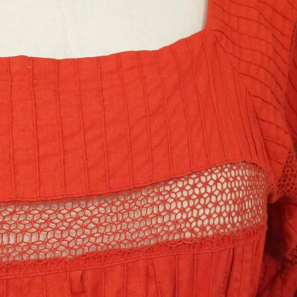 Red Mexican Wedding Dress Delicate Cotton Crochet 59" Long Traditional Fem Maxi - Picture 3 of 14